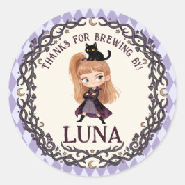 ちび魔女の1歳の誕生日招待状 水彩 ラウンドシール
