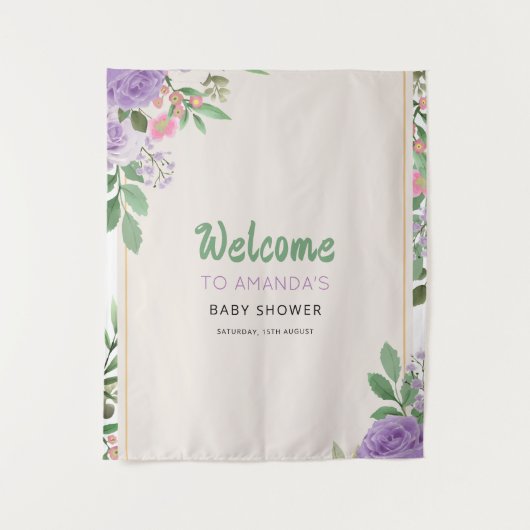 ちょうちょのキス 紫の花 ベビーシャワー タペストリー (正面)