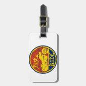 ちょうど乗車のオートバイ赤い青および黄色 ラゲッジタグ (正面縦)