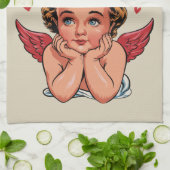 ちょうど待っているバレンタインのレトロベビーキューピッド愛 キッチンタオル (折り畳み)