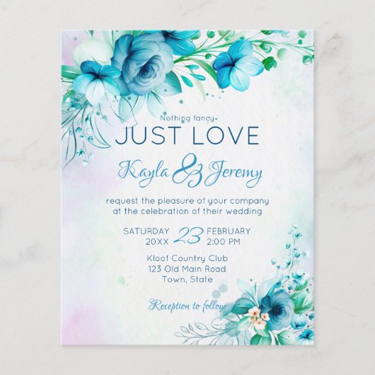 ちょうど愛の青いティール（緑がかった色）花の予算の結婚式の招待 (正面)