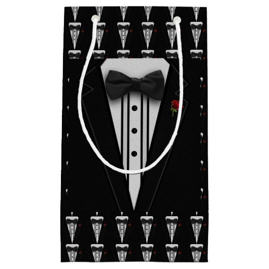 ちょうネクタイが付いている黒いタキシード スモールペーパーバッグ (正面)