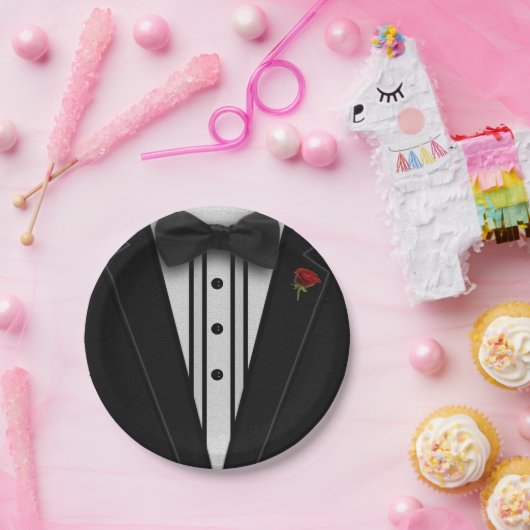 ちょうネクタイが付いている黒いタキシード ペーパープレート (パーティー)