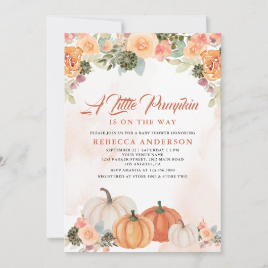 ちょっとしたオレンジ色のカボチャの花のベイビーシャワー 招待状 (正面)