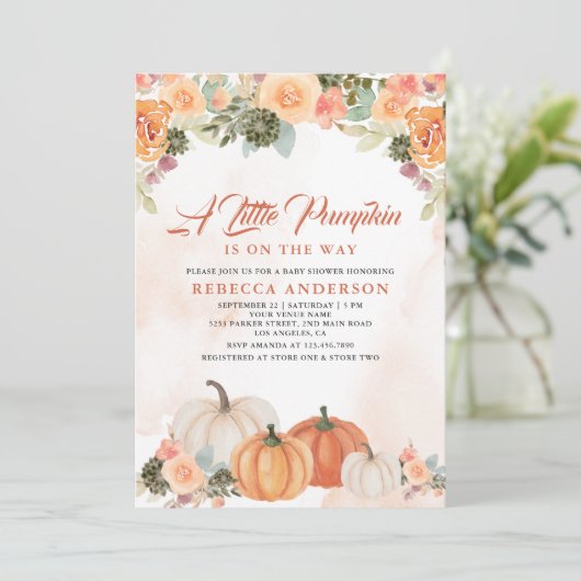 ちょっとしたオレンジ色のカボチャの花のベイビーシャワー 招待状 (スタンド正面)