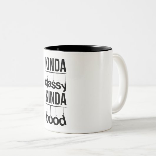 ちょっと上品なちょっとフードのおもしろいなことわざの女性 ツートーンマグカップ (正面右)