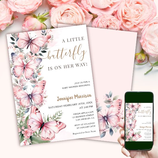 ちょっと蝶々が来たぞ！女の子の赤ちゃんシャワー 招待状