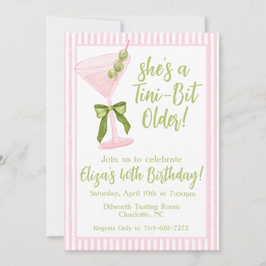 ちょっぴり年をとった、マティーニ ピンク&グリーン 誕生日 招待状 (正面)