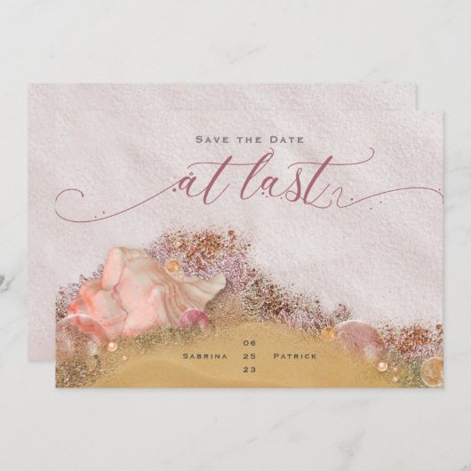 ついにピンクのサンディビーチにキラキラの貝殻 招待状 (正面/裏面)