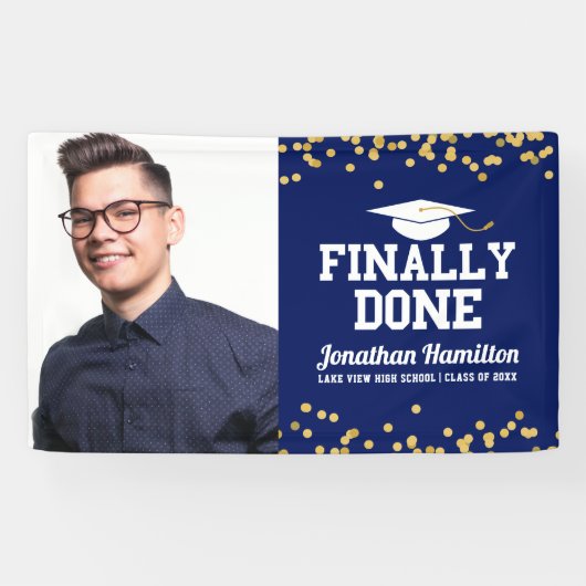 ついに卒業 ネイビーブルー 卒業パーティー 写真 横断幕 (横)