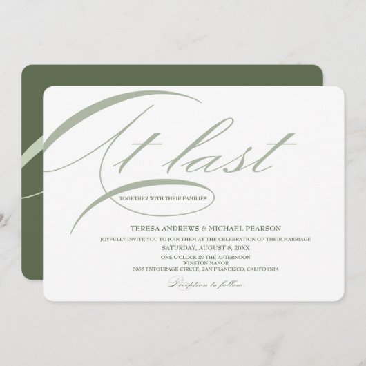 ついに モダンなカリグラフィー ミニマル セージグリーン 招待状 (正面/裏面)