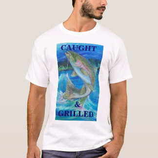 つかまえられる及び焼かれるニジマスの絵画 Tシャツ