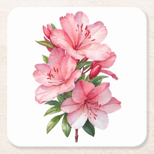 つつじの花の水彩画 スクエアペーパーコースター (正面)