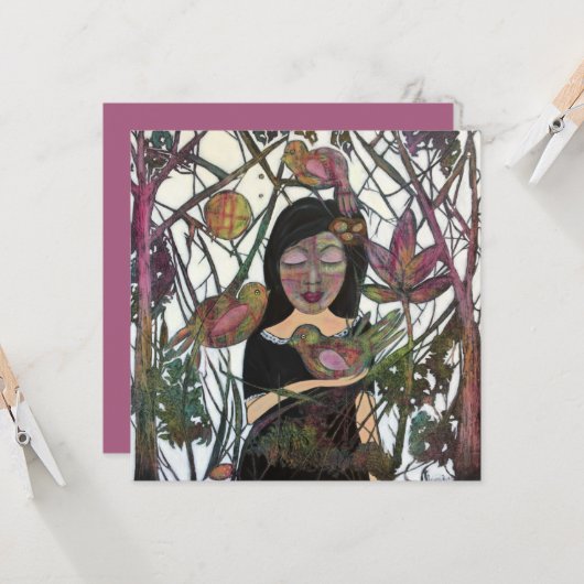 つながりの女性と鳥のお洒落芸術 カード (正面/裏面インサイチュ)