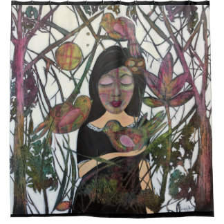 つながりの女性と鳥のお洒落芸術 シャワーカーテン
