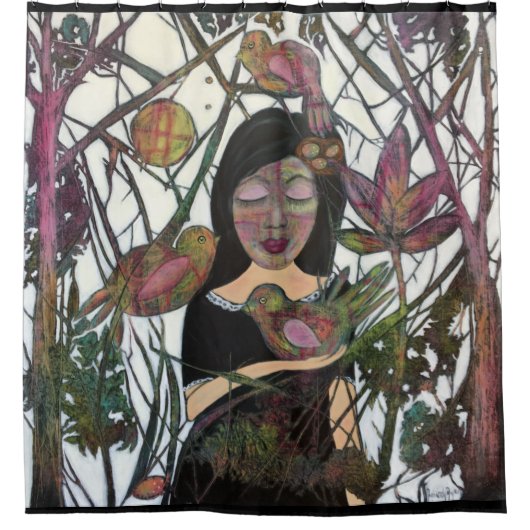 つながりの女性と鳥のお洒落芸術 シャワーカーテン (正面)
