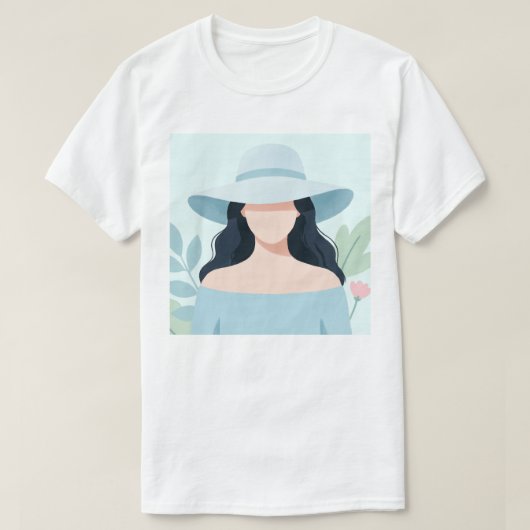 つば広ハットを被った謎めいた女性 Tシャツ (デザイン正面)