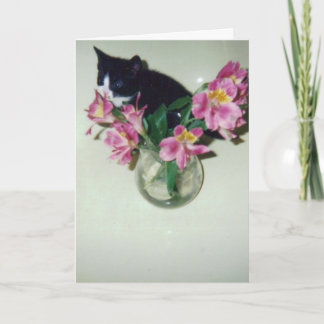 つぼの花を持つハッピーバースデー猫 カード