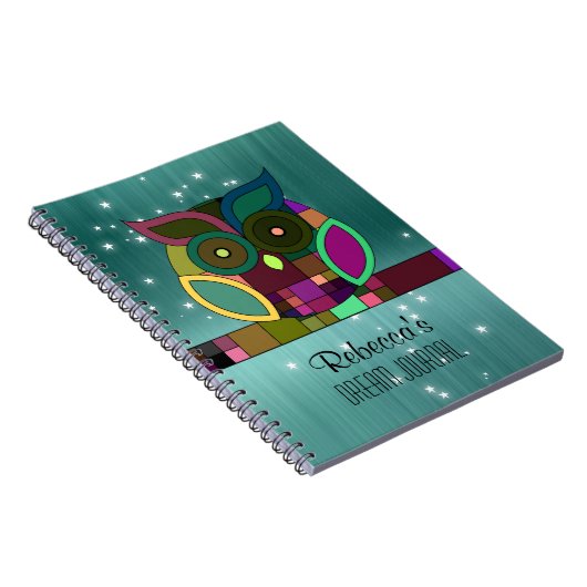 つやアステカき金属のティール(緑がかった色)にフェイクトライバルフクロウ ノートブック (右側)