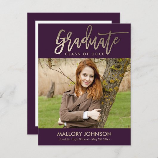 つや消しグライマー編集可能カラー卒業はがき インビテーションポストカード (正面/裏面)