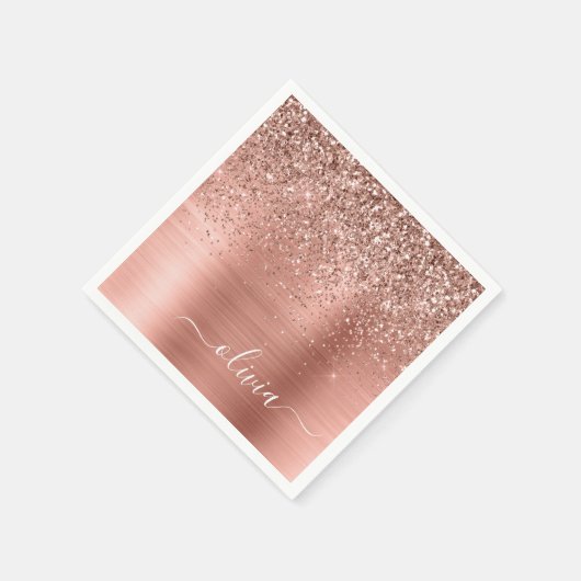 つや消しメタルバラ金ゴールドピンクグリッターモノグラム スタンダードカクテルナプキン (角)