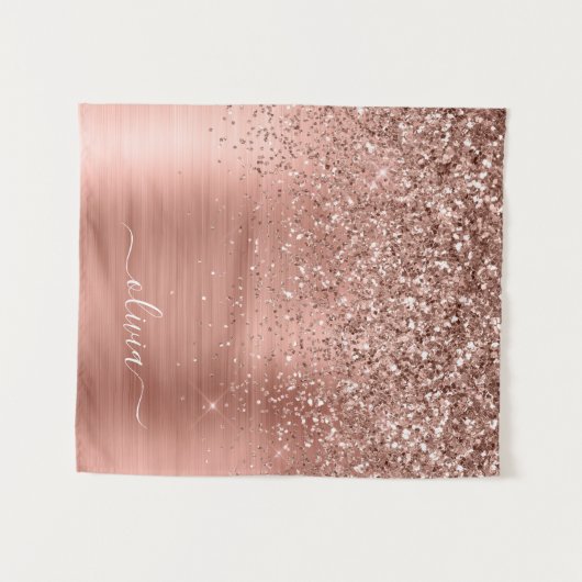 つや消しメタルバラ金ゴールドピンクグリッターモノグラム タペストリー (正面(横))