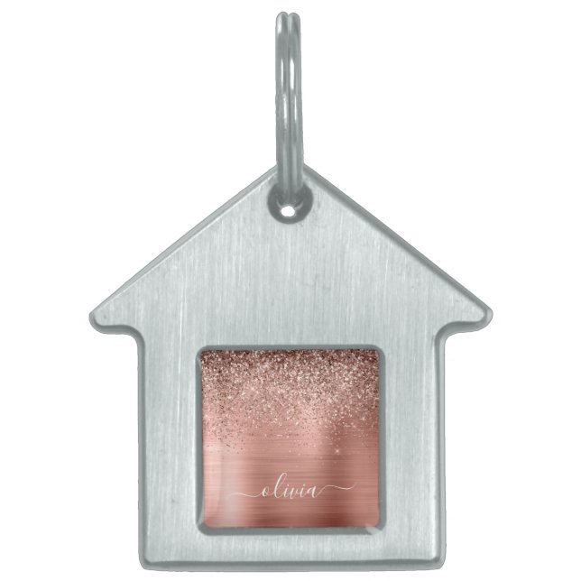 つや消しメタルバラ金ゴールドピンクグリッターモノグラム ペットネームタグ (正面)