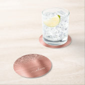 つや消しメタルバラ金ゴールドピンクグリッターモノグラム ラウンドペーパーコースター (インサイチュ)