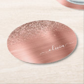 つや消しメタルバラ金ゴールドピンクグリッターモノグラム ラウンドペーパーコースター (アングル)