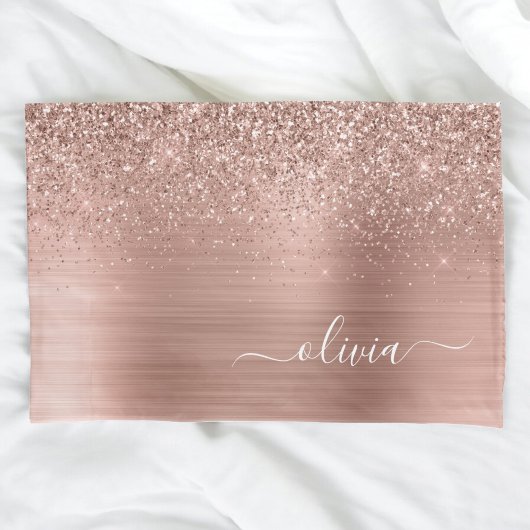 つや消しメタルバラ金ゴールドピンクグリッターモノグラム 枕カバー