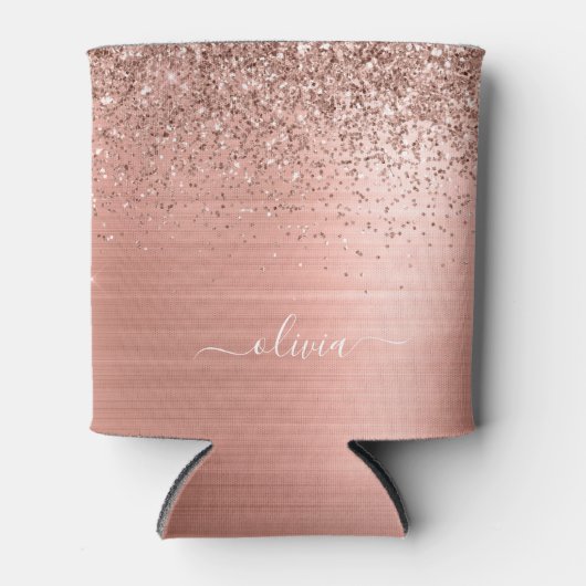 つや消しメタルバラ金ゴールドピンクグリッターモノグラム 缶クーラー (正面)