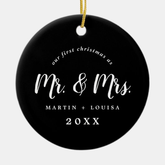 つや消し新婚初めてのクリスマス結婚の写真 セラミックオーナメント (正面)