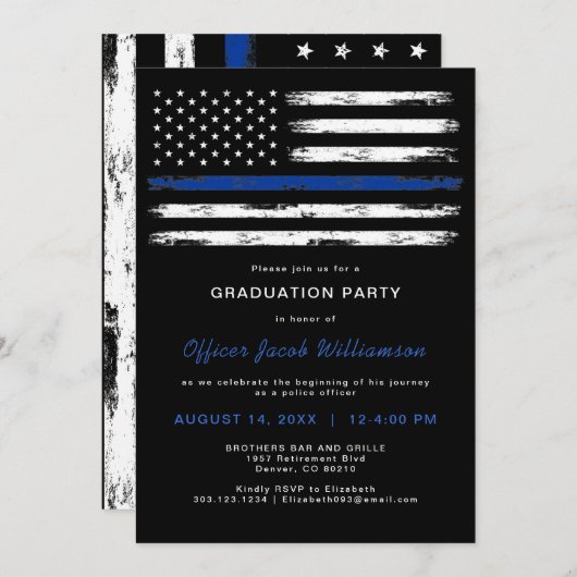 つや消し細いブルーライン警察署卒業 招待状 (正面/裏面)