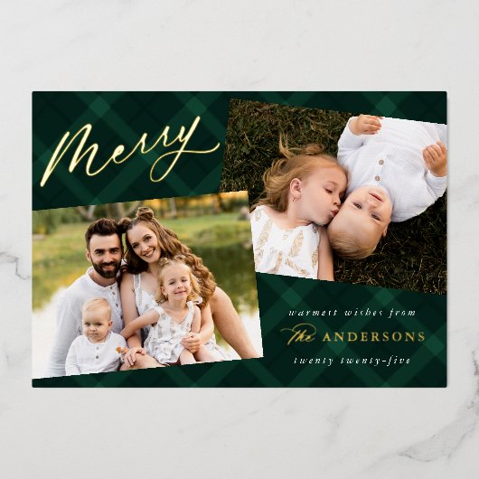 つや消し緑の格子縞3枚の写真 箔シーズンカード (正面)