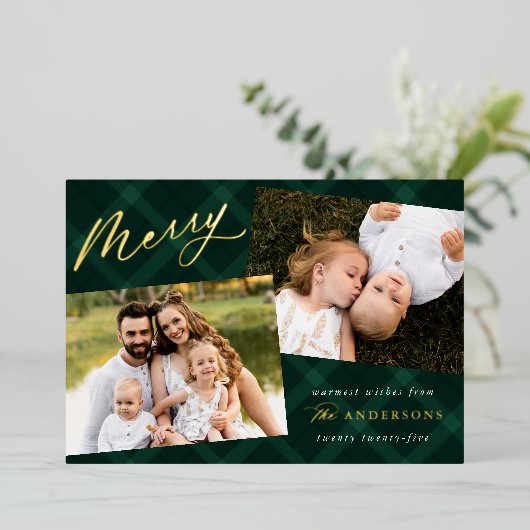 つや消し緑の格子縞3枚の写真 箔シーズンカード (立ち正面)