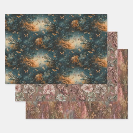 つららヴィンテージスタイル模様フローラ昆虫 ラッピングペーパーシート (セット)
