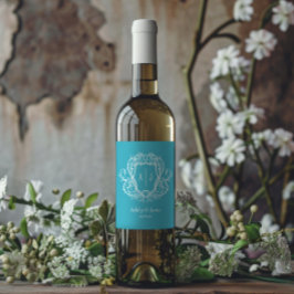 つる性バラのターコイズモノグラムクラウンウェディング ワインラベル