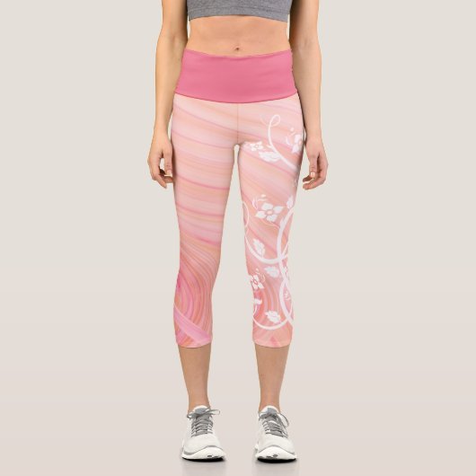 つる植物と花が桃とピンクのらせん状 カプリレギンス (正面)