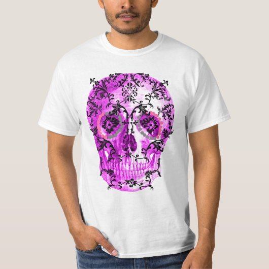 つる植物のプリントの下の砂糖のスカル Tシャツ (正面)