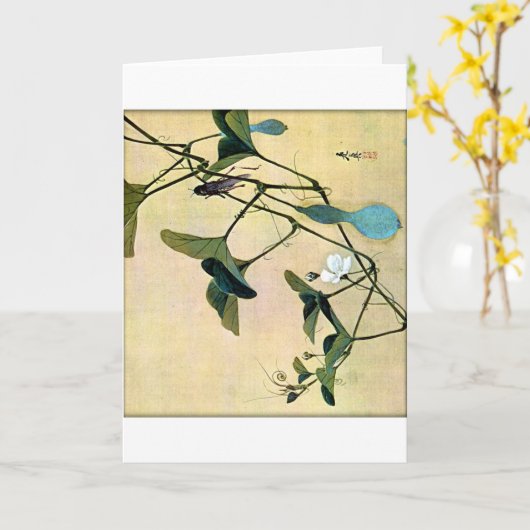 つる植物の日本人のWoodblockの芸術Ukiyo-Eのコオロギ カード (黄色い花)