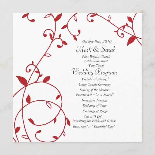 つる植物の神の赤い結婚式プログラム プログラム (裏面)