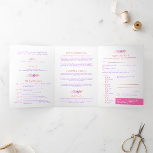 つる植物オレンジ色結婚のピンクの水色のオールインワン 三つ折り招待状 (内部)