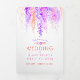 つる植物オレンジ色結婚のピンクの水色のオールインワン 三つ折り招待状