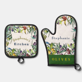 つる植物カラフル上でオつるリーブをパーソナライズ 鍋つかみ&鍋敷きセット