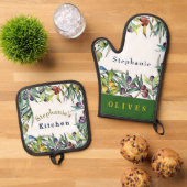 つる植物カラフル上でオつるリーブをパーソナライズ 鍋つかみ&鍋敷きセット (トップダウン)