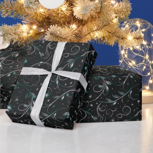 つる植物グリーンリースターズスター水玉模様クリスマス ラッピングペーパー (クリスマス)