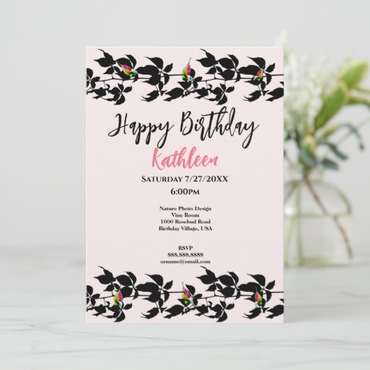 つる植物ローズブド写真ハッピーバースデーグリーティングカード 招待状 (スタンド正面)
