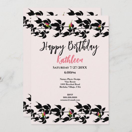 つる植物ローズブド写真ハッピーバースデーグリーティングカード 招待状 (正面/裏面)