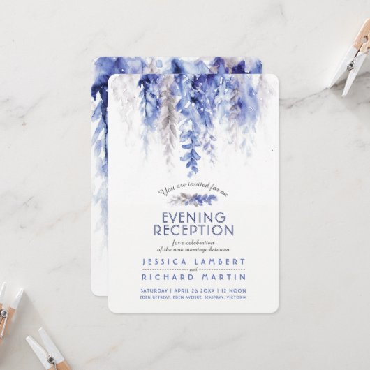 つる植物冬のウェディング夕べ披露宴ブルーグレー 招待状 (正面/裏面インサイチュ)