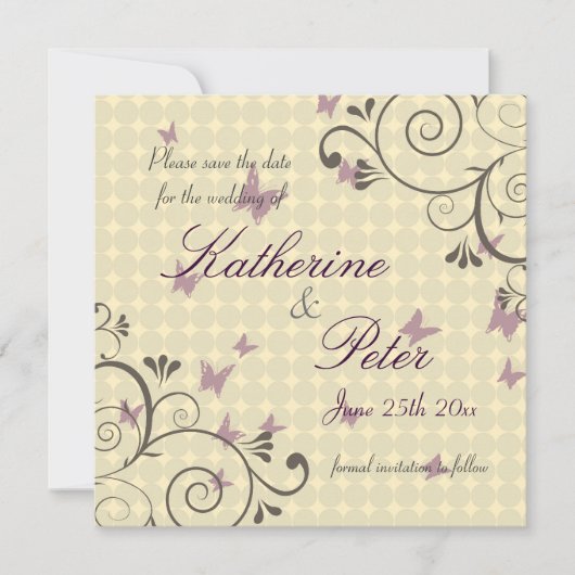 つる植物及び蝶保存日付の招待状のクリーム セーブザデート (正面)